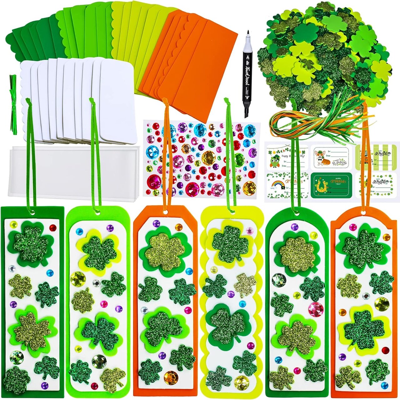 24-Piece St. Patrick’s Day 3D Shamrock Bookmark Craft Kit – DIY Blank Foam Bookmarks with Lucky Shamrock & Four-Leaf Clover Stickers for Kids, Classroom Activities, and Reading Gifts